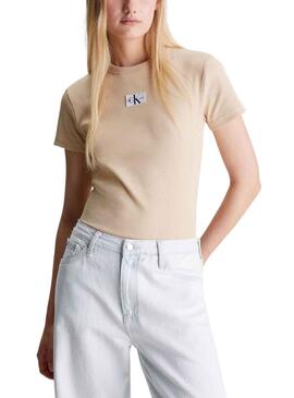 T-Shirt Calvin Klein Woven Label Beige für Damen
