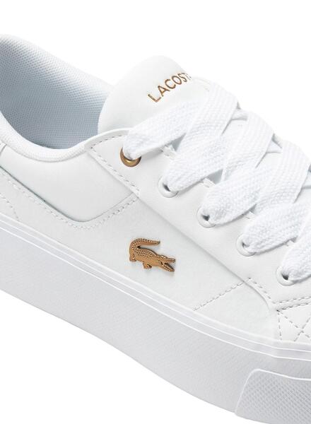 Lacoste white shoes gold on sale logo