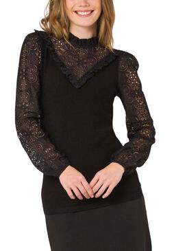 T-Shirt Naf Naf Spitze Flores Schwarz für Damen