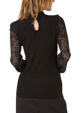 T-Shirt Naf Naf Spitze Flores Schwarz für Damen