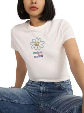 T-Shirt Tommy Jeans Flower Slim Weiß für Damen