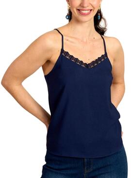 Top Naf Naf marineblauer Spitzenbesatz für Damen.