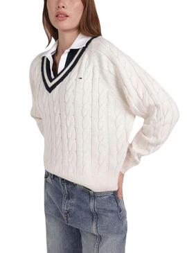 Pullover Tommy Jeans V-Neck Kabel für Damen