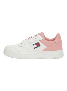 Turnschuhe Tommy Jeans Retro-Basket in Rosa und Weiß für Frauen