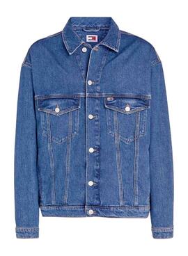 Truckerjacke Tommy Jeans Aiden Oversize in blauem Denim für Herren.