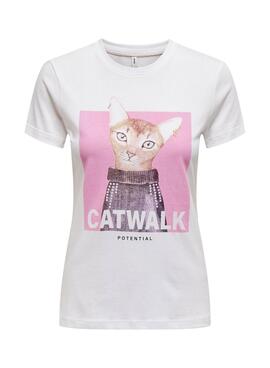 T-Shirt Only Vibe Life Cat Weiß für damen