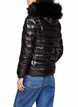 Jacke Tommy Jeans glänzend gesteppte schwarz mit Kapuze für damen