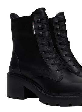 Stiefel Tommy Jeans Leder mit Absatz und Schnürsenkeln schwarz für damen