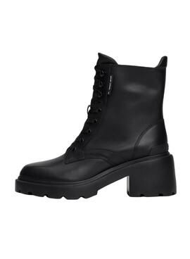 Stiefel Tommy Jeans Leder mit Absatz und Schnürsenkeln schwarz für damen