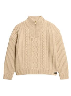 Pullover Superdry Cable Zip Beige für Frauen