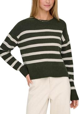 Only Lelly grüner Pullover mit schwarzen Streifen für Damen.