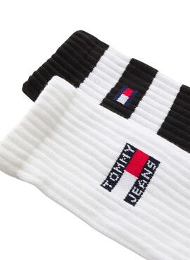 Pack 2 Socken Tommy Jeans Sport Stripe weiß und schwarz für Herren und Damen.