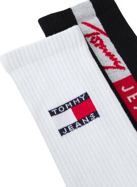  Pack 2 Socken Tommy Jeans weiß und schwarz Vertical Logo für Herren und Damen