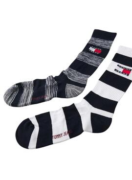 Kiste mit drei Tommy Jeans Rugby Streifensocken für Herren und Damen.