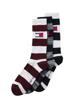 Kiste mit drei Tommy Jeans Rugby Streifensocken für Herren und Damen.