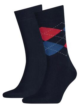 Pack mit zwei Tommy Hilfiger Socken in Blau mit Rautenmuster für Herren.