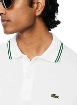 Polo Lacoste L.12.12 weiß mit grünen Streifen für Herren