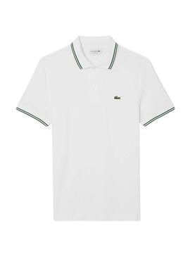 Polo Lacoste L.12.12 weiß mit grünen Streifen für Herren