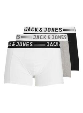 Pack 3 Boxershorts Jack and Jones Sense schwarz, grau und weiß für Männer.