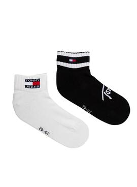  Packs 2 Tommy Jeans Sports Socken gestreift schwarz und weiß für Männer und Frauen