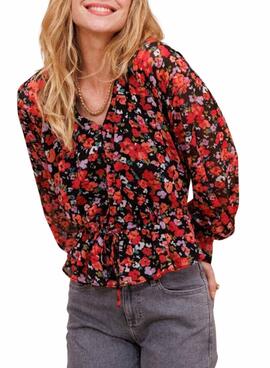 Bluse Naf Naf Disty mit rotem Blumenmuster für Frauen.