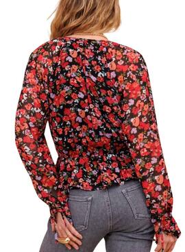 Bluse Naf Naf Disty mit rotem Blumenmuster für Frauen.