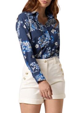 Naf Naf Bluse mit blauem Marineblumenmuster für Frauen.