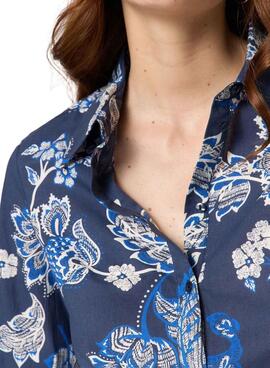 Naf Naf Bluse mit blauem Marineblumenmuster für Frauen.