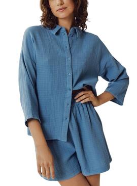 Bluse Vila Vilania Button 3/4 Blau für Damen