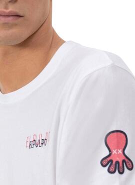 T-Shirt   El Pulpo Triplelogo in Weiß und Rosa für Männer.