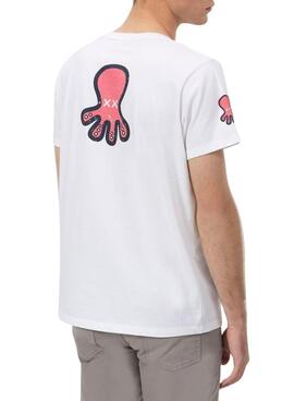 T-Shirt   El Pulpo Triplelogo in Weiß und Rosa für Männer.