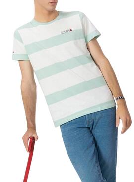  T-Shirt  El Pulpo Türkis und Weiß gestreift.