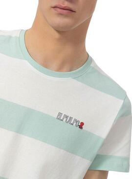  T-Shirt  El Pulpo Türkis und Weiß gestreift.