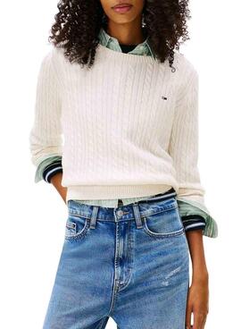 Strickpullover Tommy Jeans Cable in Weiß für Damen.