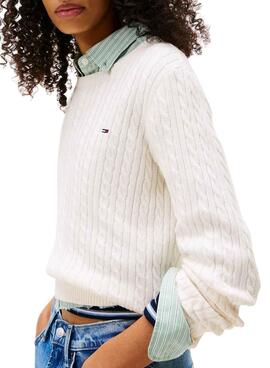 Strickpullover Tommy Jeans Cable in Weiß für Damen.