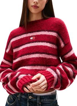 Tommy Jeans Flauschiger roter Jersey mit Streifen für Damen.
