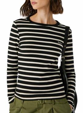 T-Shirt Pepe Jeans Bani geripptes Streifen Schwarz für Damen