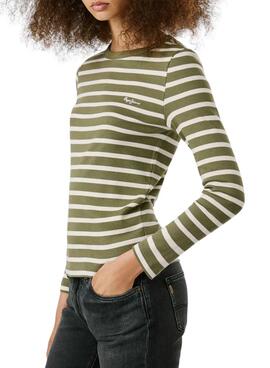 T-shirt Pepe Jeans Bani gestreifter Rippenstrick in Grün für Damen