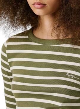 T-shirt Pepe Jeans Bani gestreifter Rippenstrick in Grün für Damen