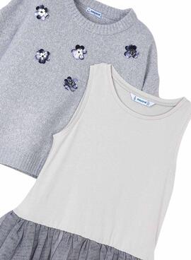 Kleidung von Mayoral, kombiniertes graues Strickkleid für Mädchen.