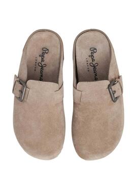 Pepe Jeans Holzclogs Corby aus beigem Veloursleder für Damen.