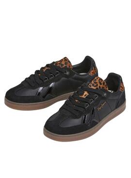 Sneakers Pepe Jeans Ball in Schwarz mit Leoparden-Detail für Damen.