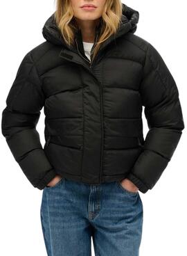 Gepolsterte Superdry Kapuzenjacke 5 Baffle Puffer Schwarz für Damen.