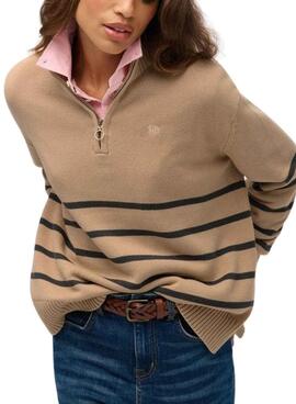 Superdry Damen Zip-Neck Jersey in Kamelhaarfarben.