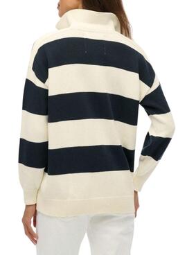 Superdry Slouchy Gestreiftes Rugby Pullover in Marineblau und Beige für Damen.