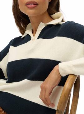 Superdry Slouchy Gestreiftes Rugby Pullover in Marineblau und Beige für Damen.