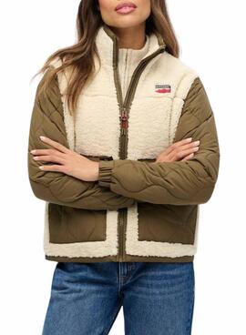 Superdry Fleece Hybrid Jacke in Beige und Grün für Damen