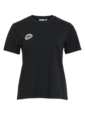 T-Shirt Vila Vinora Schwarz mit bedruckten Lippen für Damen