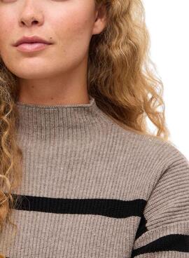 Vila Viril Mockneck gestreifter Jersey in Beige und Schwarz für Damen