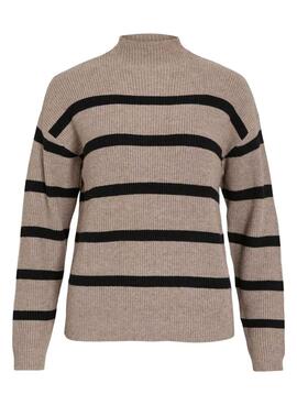 Vila Viril Mockneck gestreifter Jersey in Beige und Schwarz für Damen